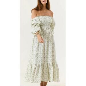 Nothing Fits But Large Yuki Dress Midi White Purple Cotton Floral Smocked